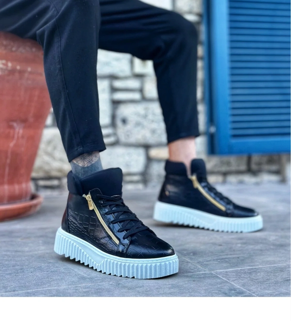 Pabucmarketi Bağcıklı Çift Fermuarlı Erkek Spor Bot SİYAH (BEYAZ TABAN) model görseli