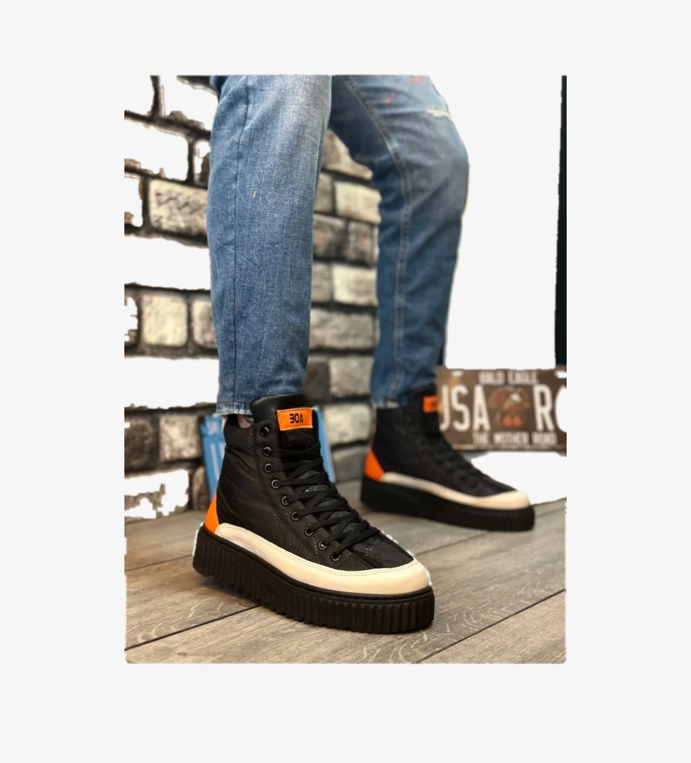 Pabucmarketi Bağcıklı Paraşüt Kumaş Turuncu Detaylı Erkek Spor Bot SİYAH (SİYAH TABAN) model görseli