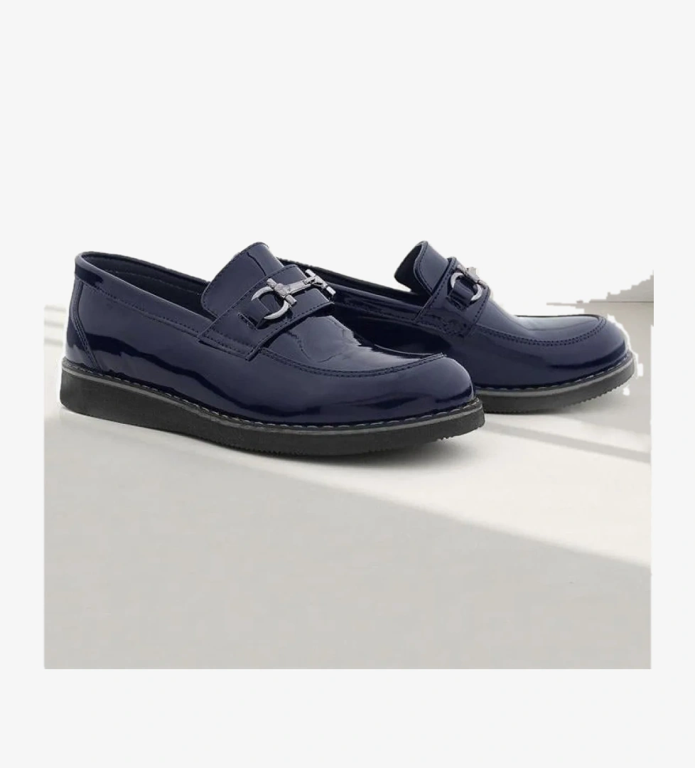 Hakiki Deri Lacivert Rugan Tokalı Loafer Çocuk Klasik Ayakkabı - Görsel 1