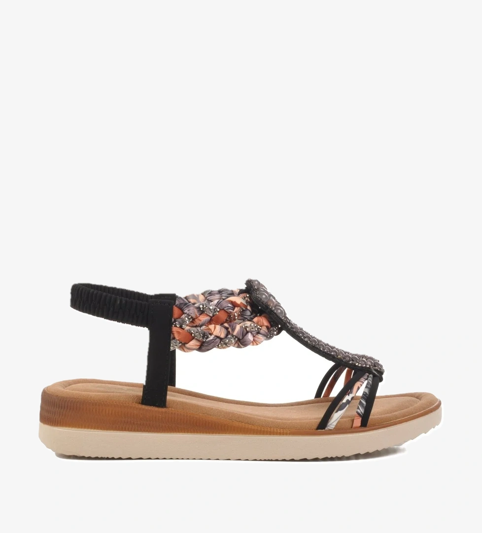 Siyah İşlemeli Hafif İnce Taban Kadın Sandalet 358131 Z