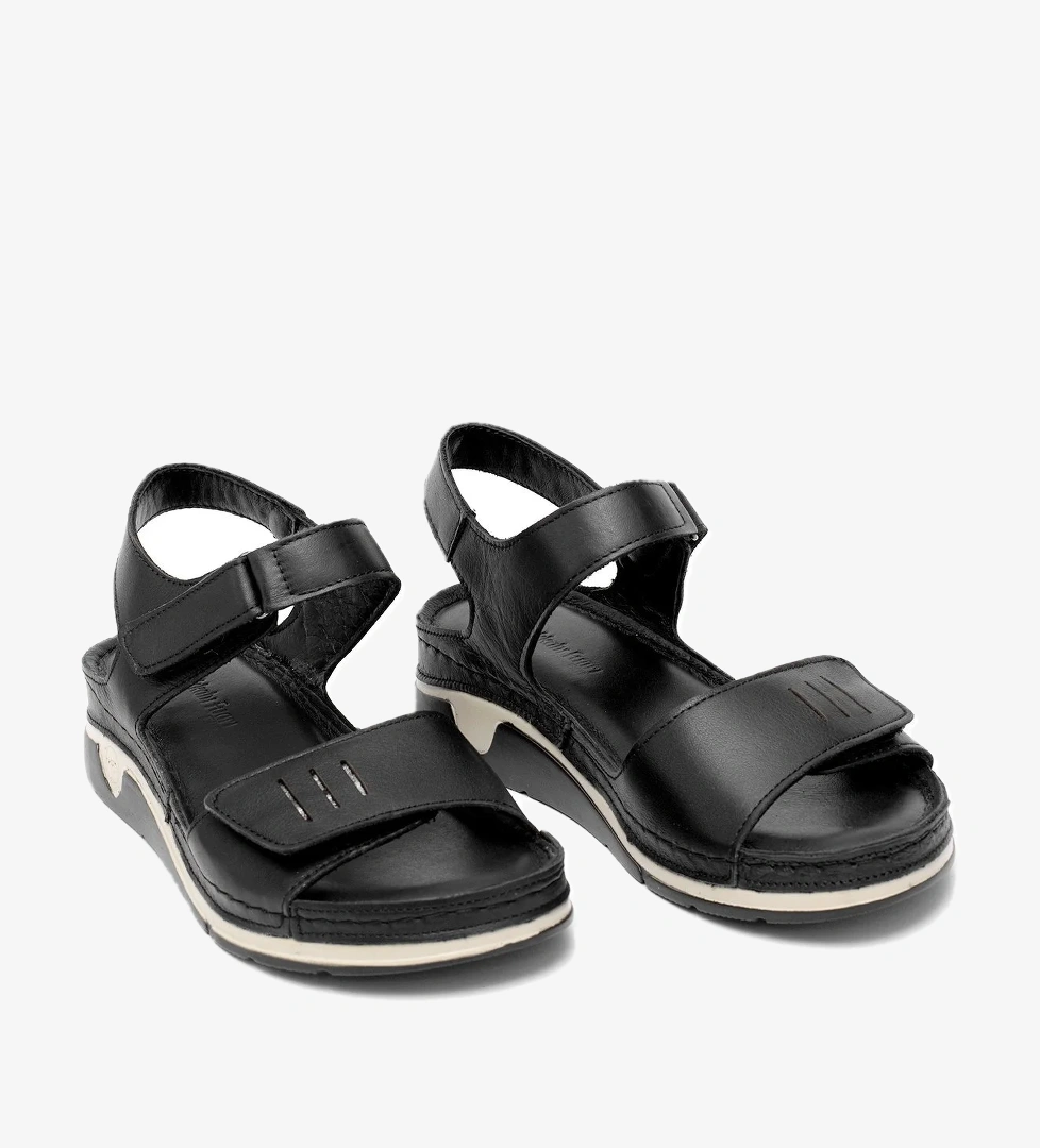 Elit RhmM-22 Kadın Hakiki Deri Ortopedik Düz Sandalet Siyah - Görsel 1