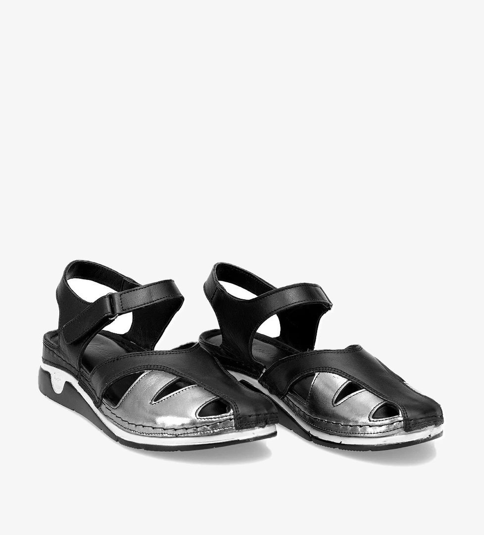 Elit RhmM-01 Kadın Hakiki Deri Ortopedik Düz Sandalet Siyah - Görsel 1