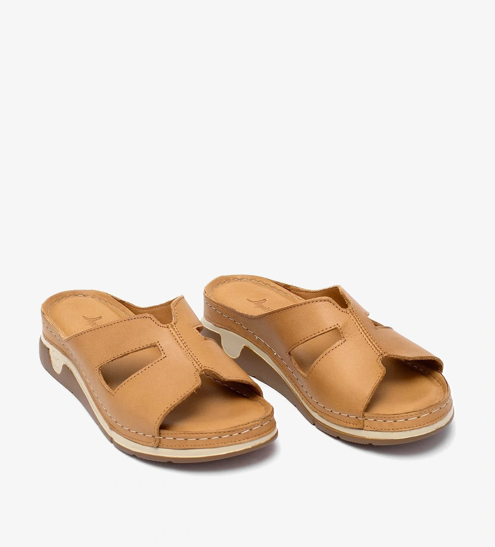 Elit RhmM-23 Kadın Hakiki Deri Ortopedik Düz Terlik Taba