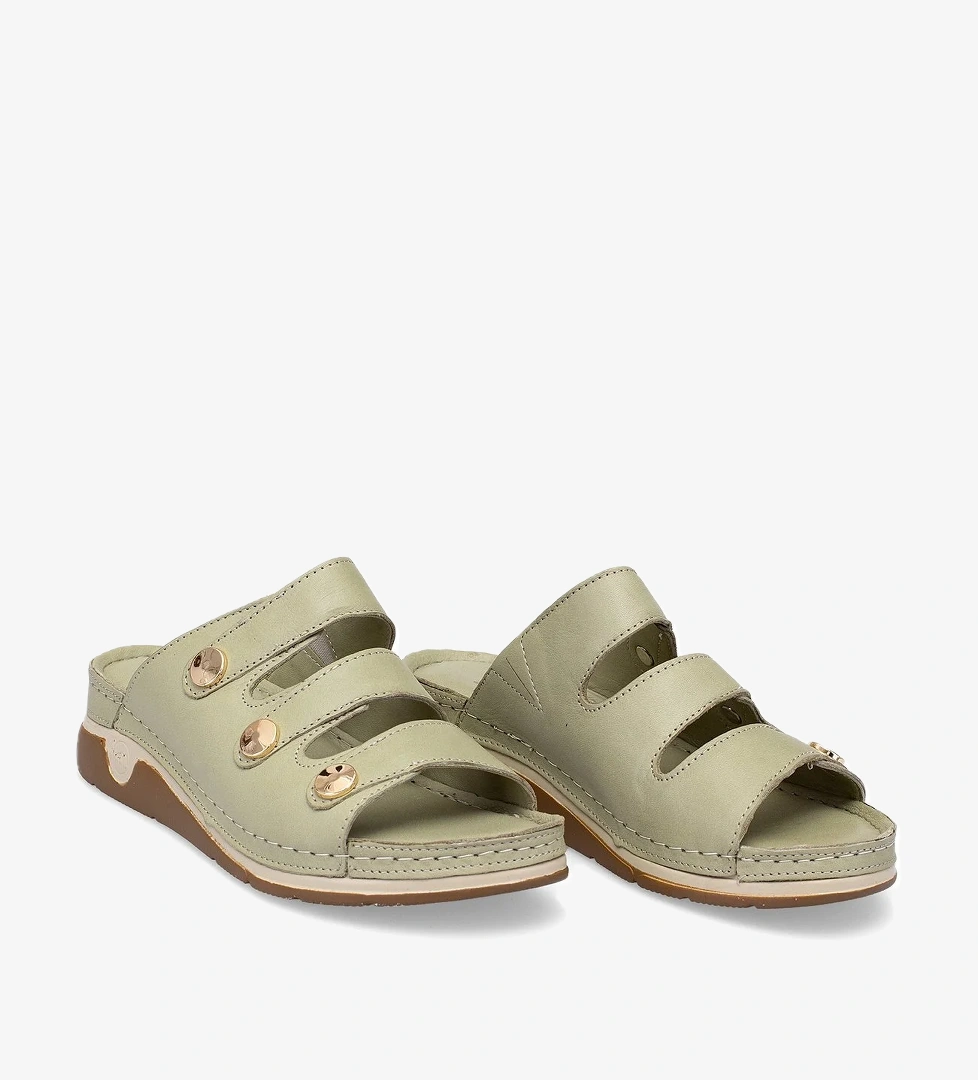 Elit RhmM-15 Kadın Hakiki Deri Ortopedik Düz Terlik Yeşil