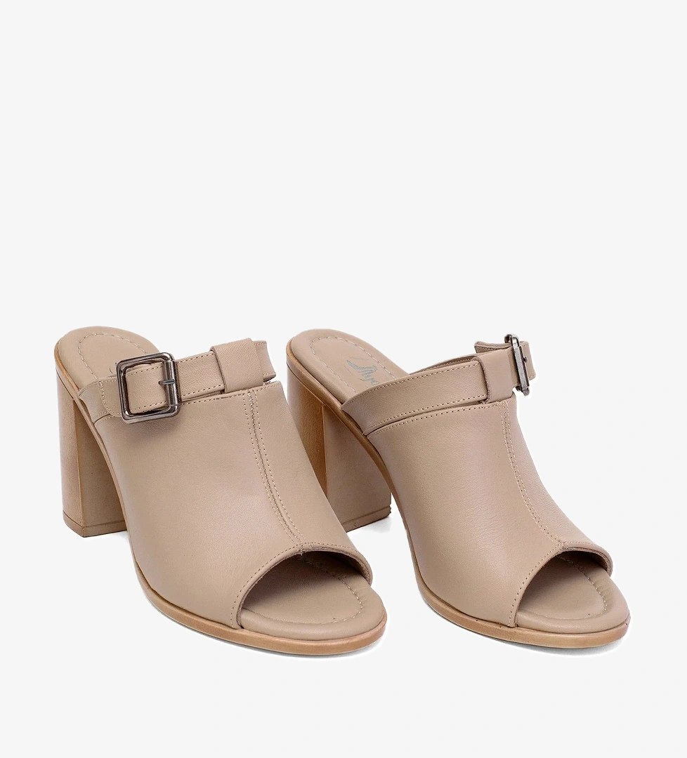 Elit Koc17-03 Kadın Hakiki Deri Topuklu Terlik Bej - Görsel 1