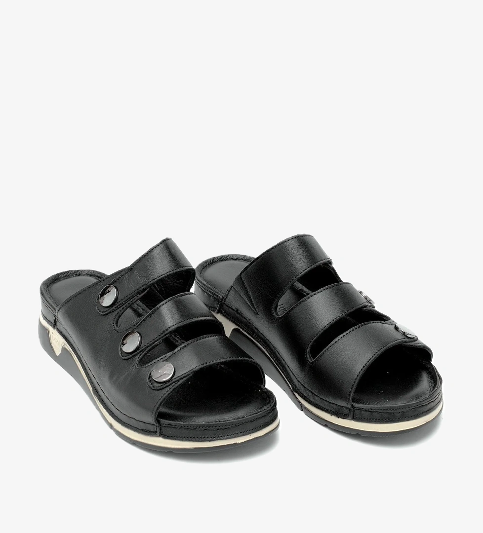 Elit RhmM-15 Kadın Hakiki Deri Ortopedik Düz Terlik Siyah