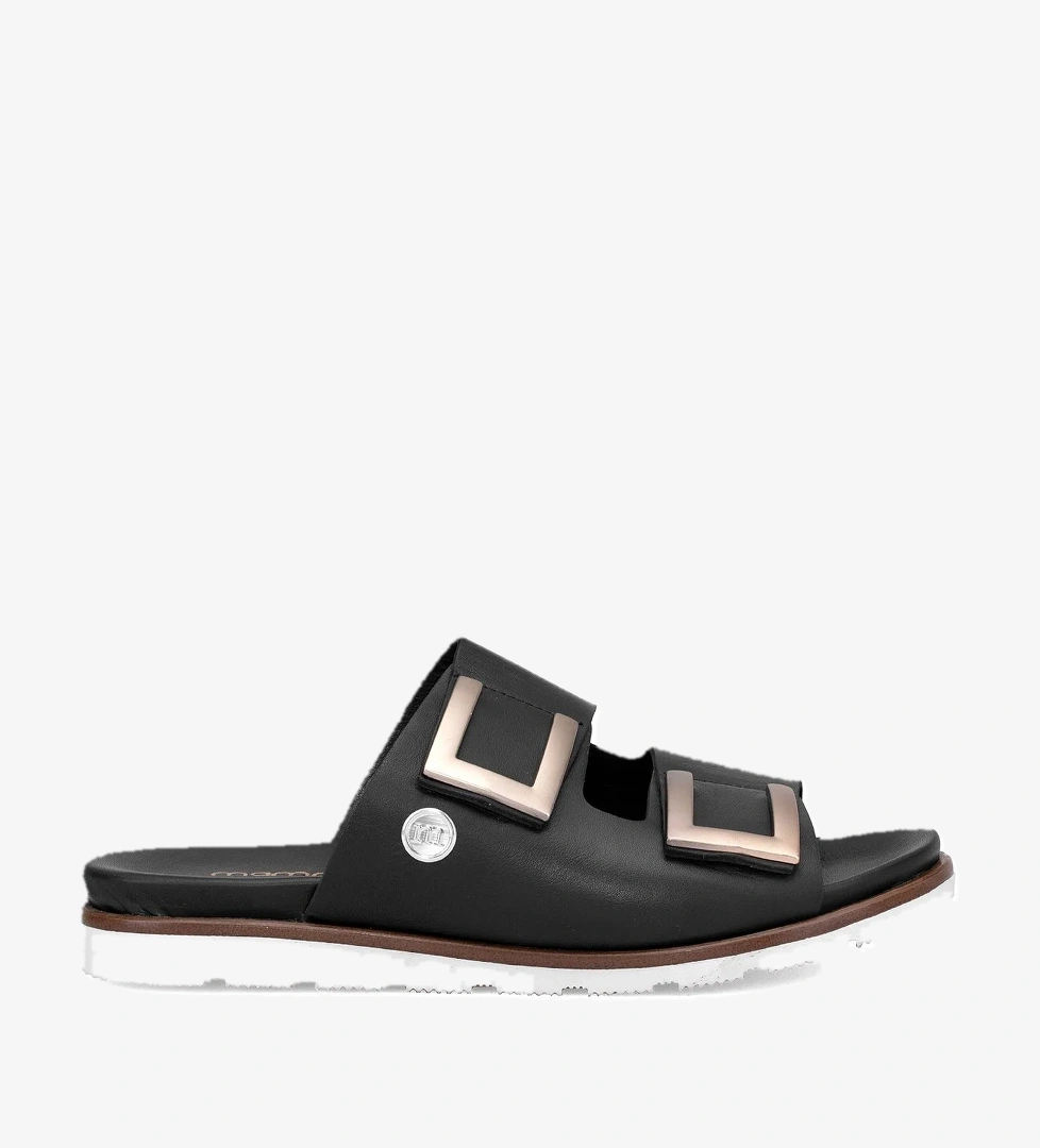 D25YT-1235 Kadın Hakiki Deri Düz Terlik Siyah - Görsel 1