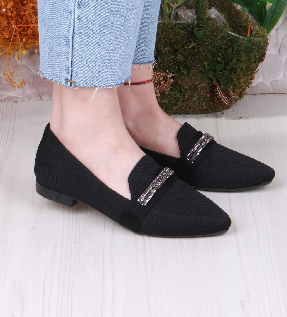 8560 Triko Biye Taş Detaylı Şık Rahat Kadın Babet - Görsel 1