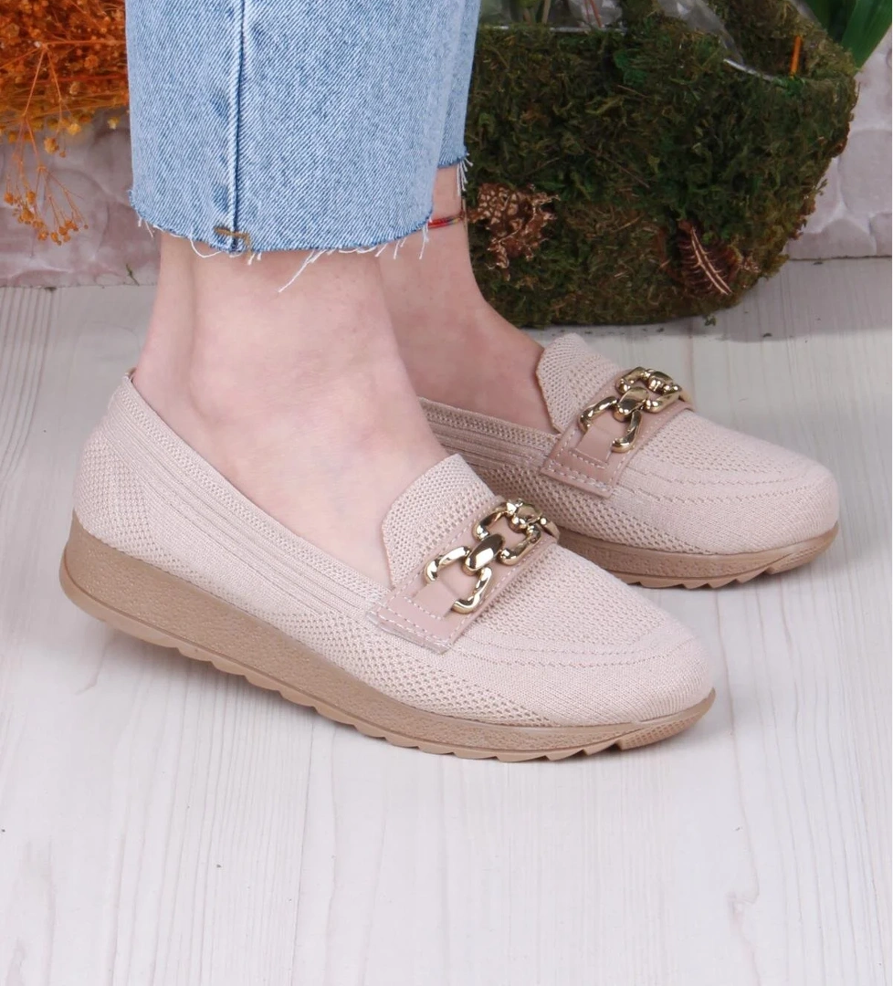 7460 Triko Toka Zincir Detaylı Şık Rahat Kadın Babet - Görsel 1