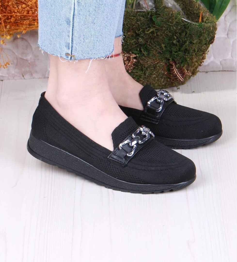 7460 Triko Toka Zincir Detaylı Şık Rahat Kadın Babet