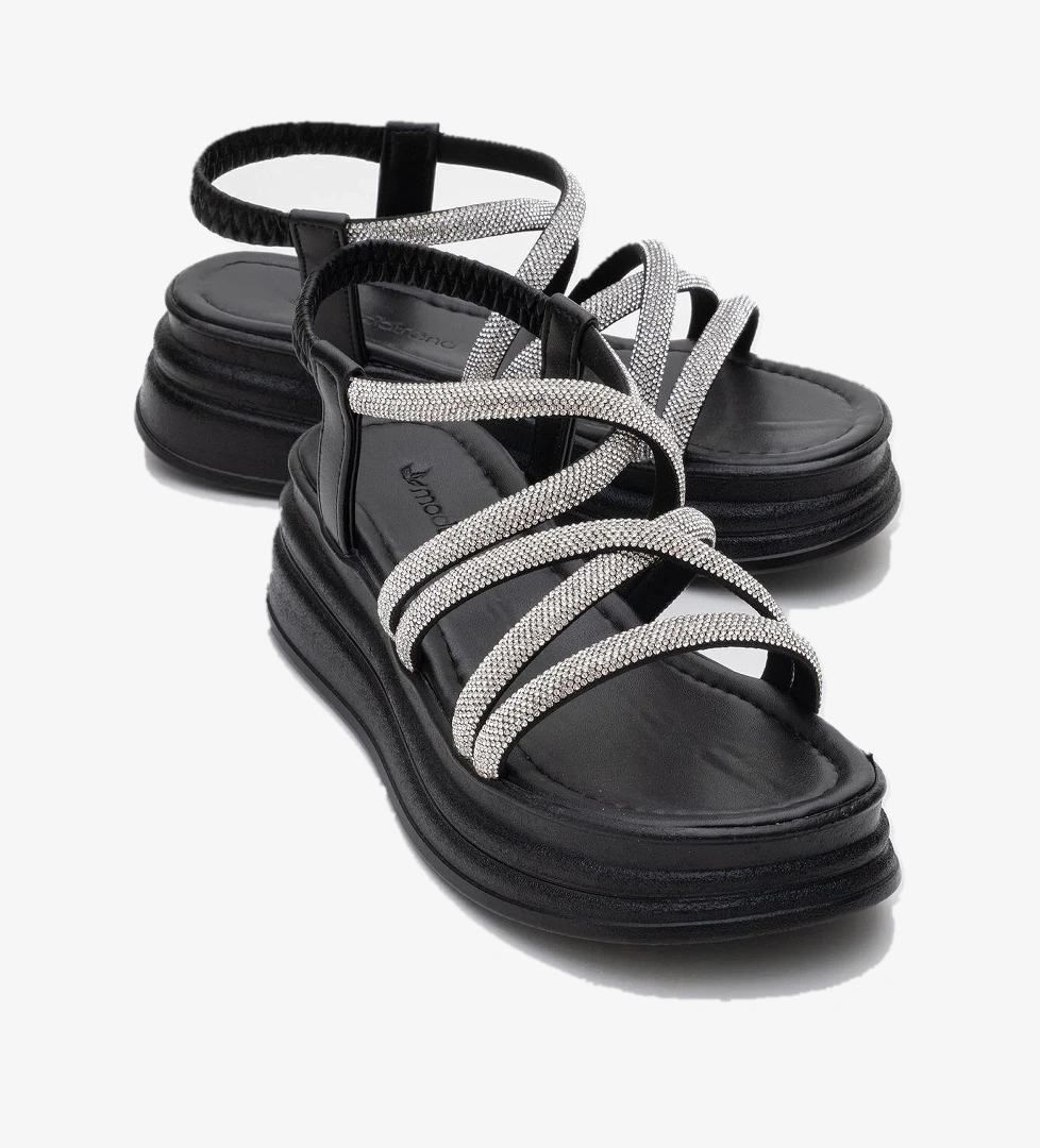 Kadın Çapraz Taşlı Lastikli Sandalet SİYAH - Görsel 1