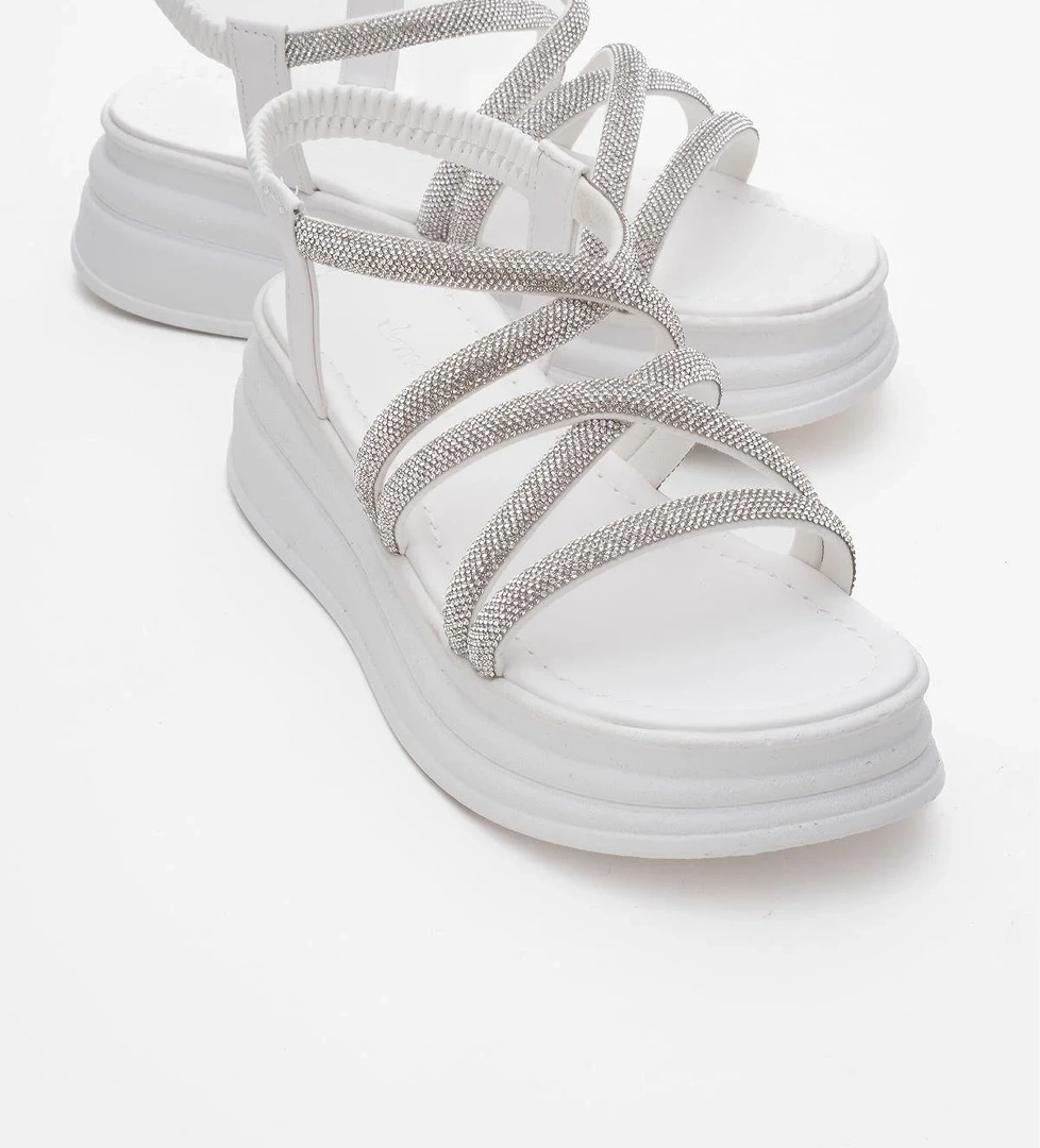 Kadın Çapraz Taşlı Lastikli Sandalet BEYAZ