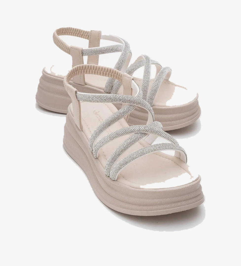 Kadın Çapraz Taşlı Lastikli Sandalet BEJ