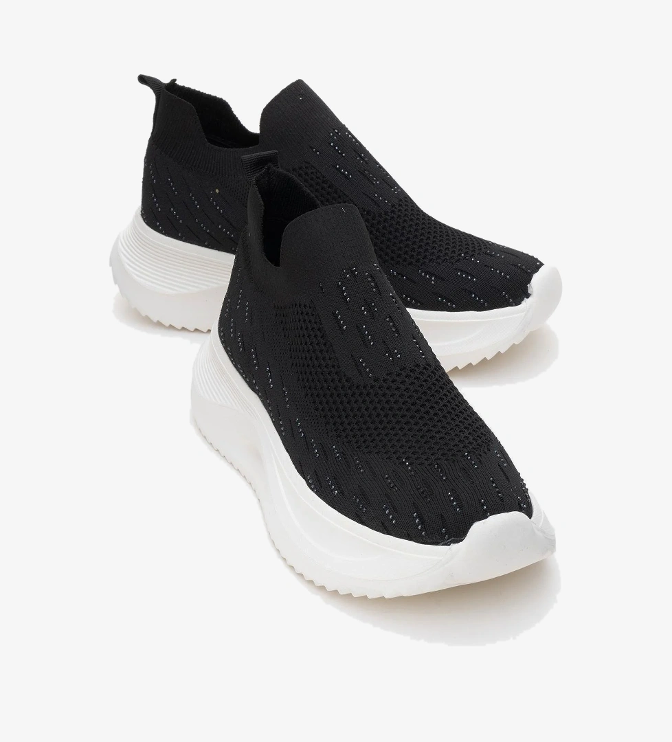 Ccway Kadın Triko Taşlı Spor Ayakkabı Si̇yah Beyaz model görseli