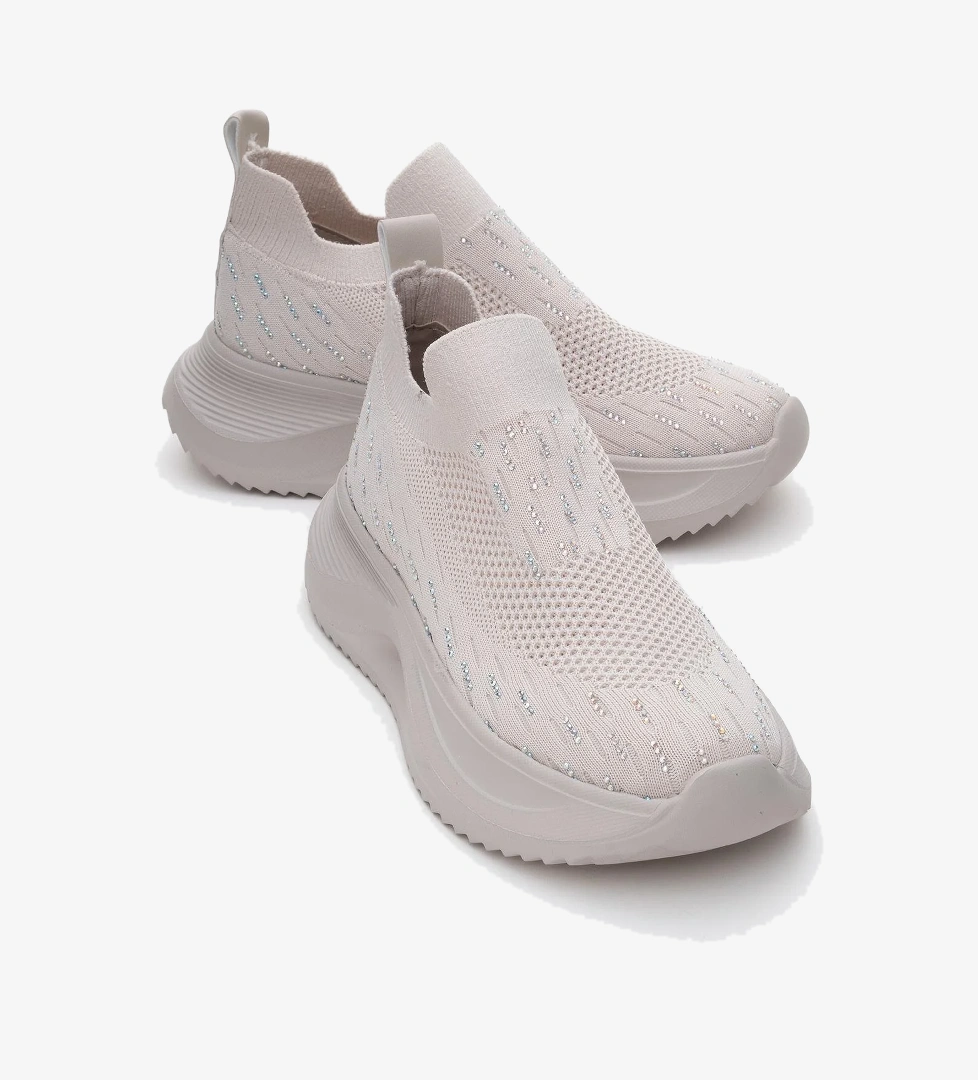 Kadın Triko Taşlı Spor Ayakkabı BEJ