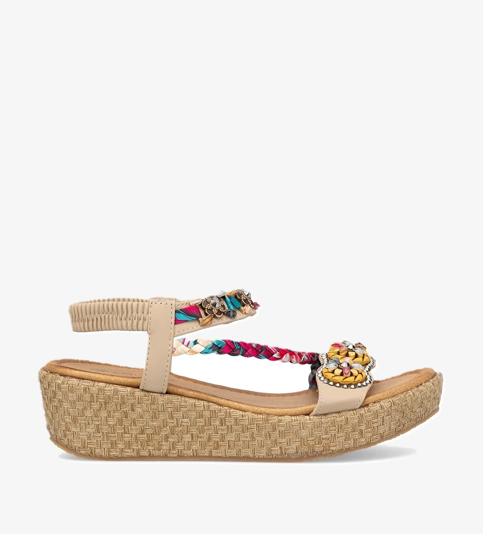 25Y153-2 Kadın Taşlı Düz Sandalet Bej - Görsel 1