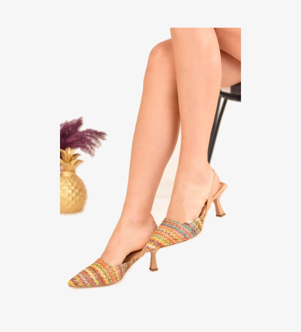 Kadın Çok Renkli Örgü Detaylı Sivri Burunlu Topuklu Ayakkabı