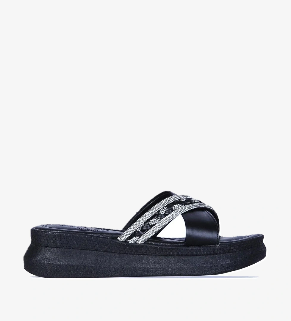 By7 Ayışığı Siyah Taşlı Kadın Düz Terlik