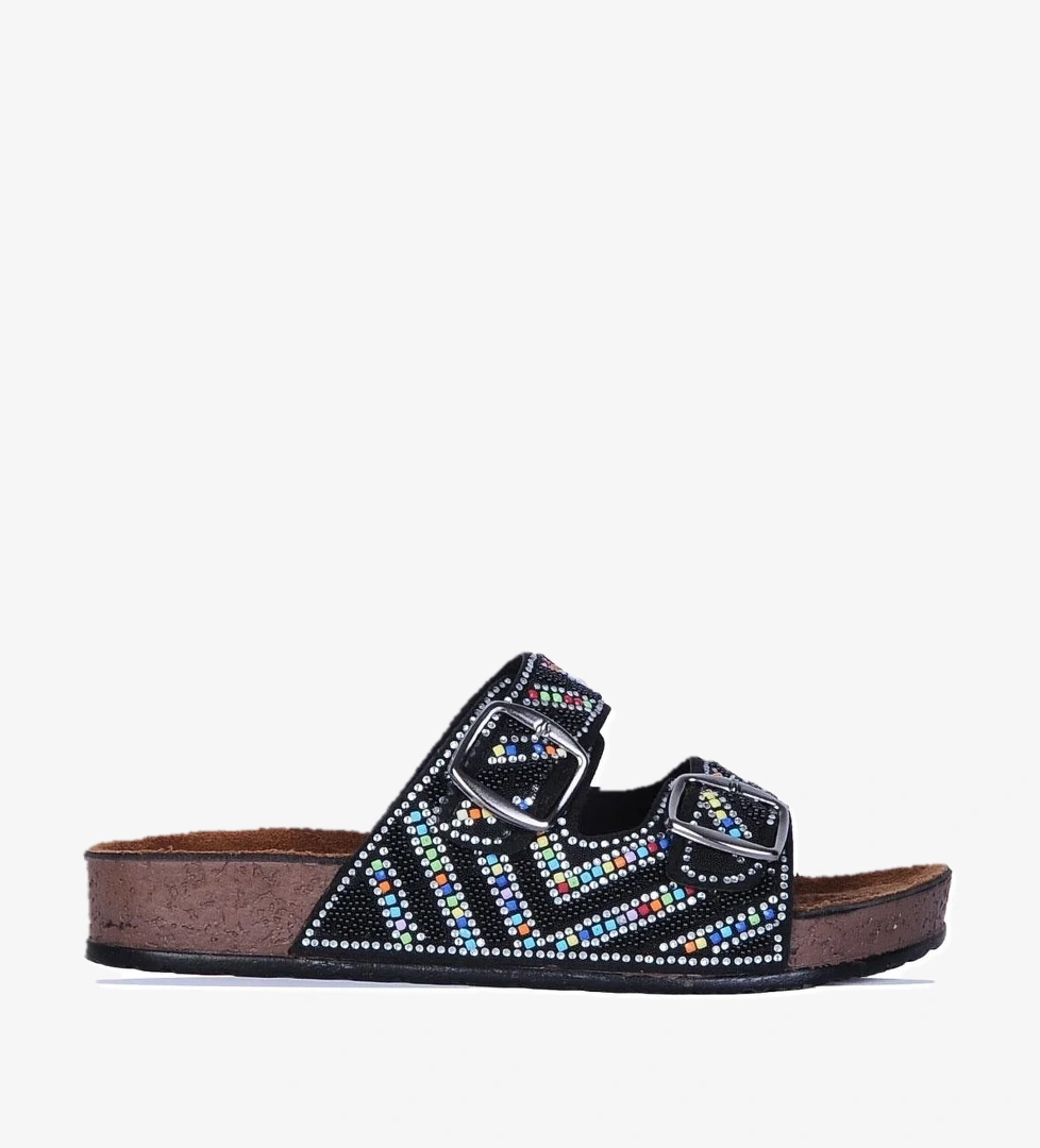 B-4312 Daye Siyah Taşlı Kadın Düz Terlik - Görsel 1