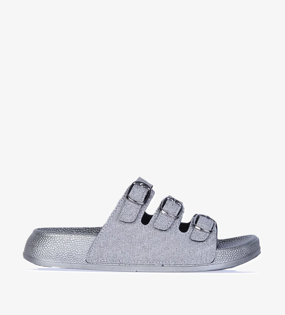 3 Tokalı Simli Kadın Düz Terlik