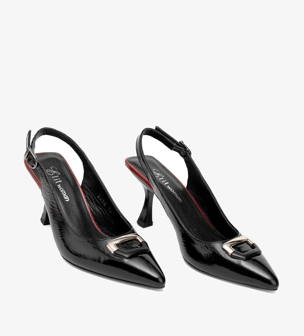 Elit Calissa Kadın Hakiki Rugan Deri Tokalı Klasik Topuklu Ayakkabı Siyah - Görsel 1