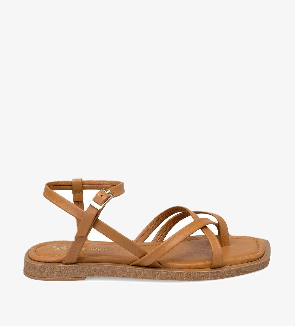 Elit Raveena Kadın Hakiki Deri Ortopedik Düz Sandalet Taba