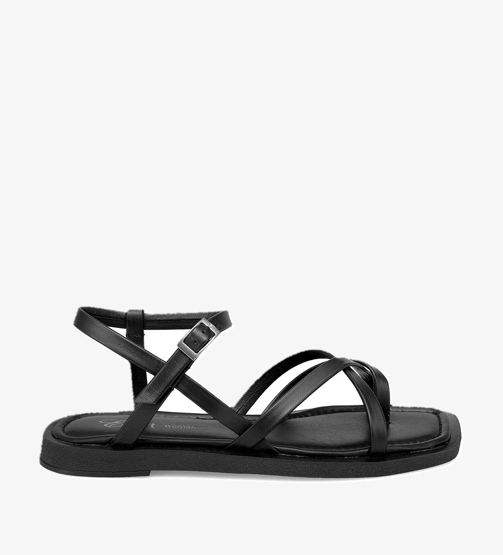 Ayakkabı Fuarı Elit Raveena Kadın Hakiki Deri Ortopedik Düz Sandalet Taba Siyah model görseli