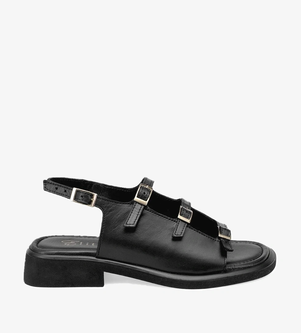 Elit Vivienne Kadın Hakiki Deri Ortopedik Düz Sandalet Siyah - Görsel 1