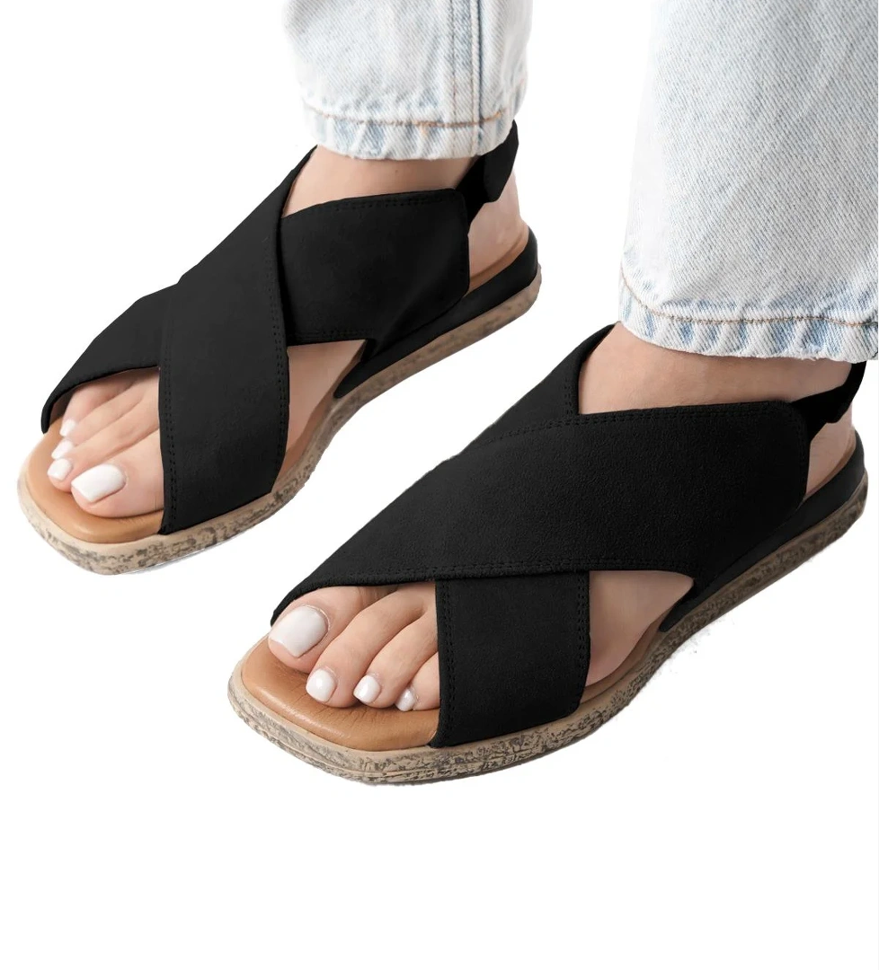 Ayakkabı Fuarı Elit Tera Kadın Hakiki Süet Deri Düz Sandalet Siyah model görseli