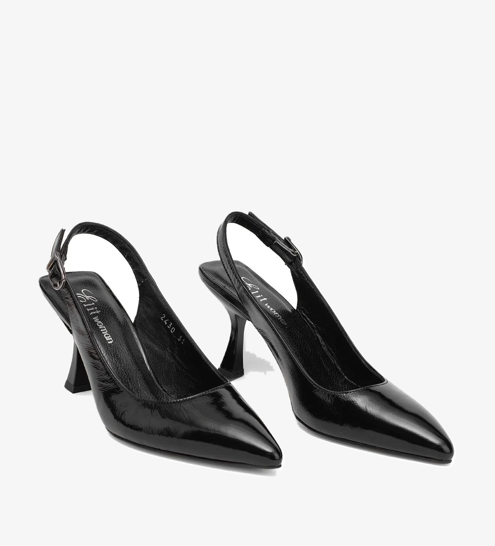 Elit Calissa Kadın Hakiki Rugan Deri Klasik Topuklu Ayakkabı Siyah