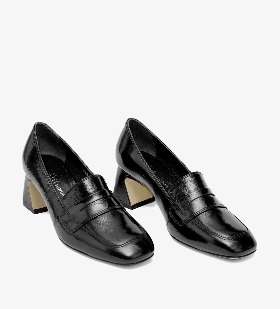 Elit Mireya Kadın Hakiki Rugan Deri Klasik Topuklu Ayakkabı Siyah