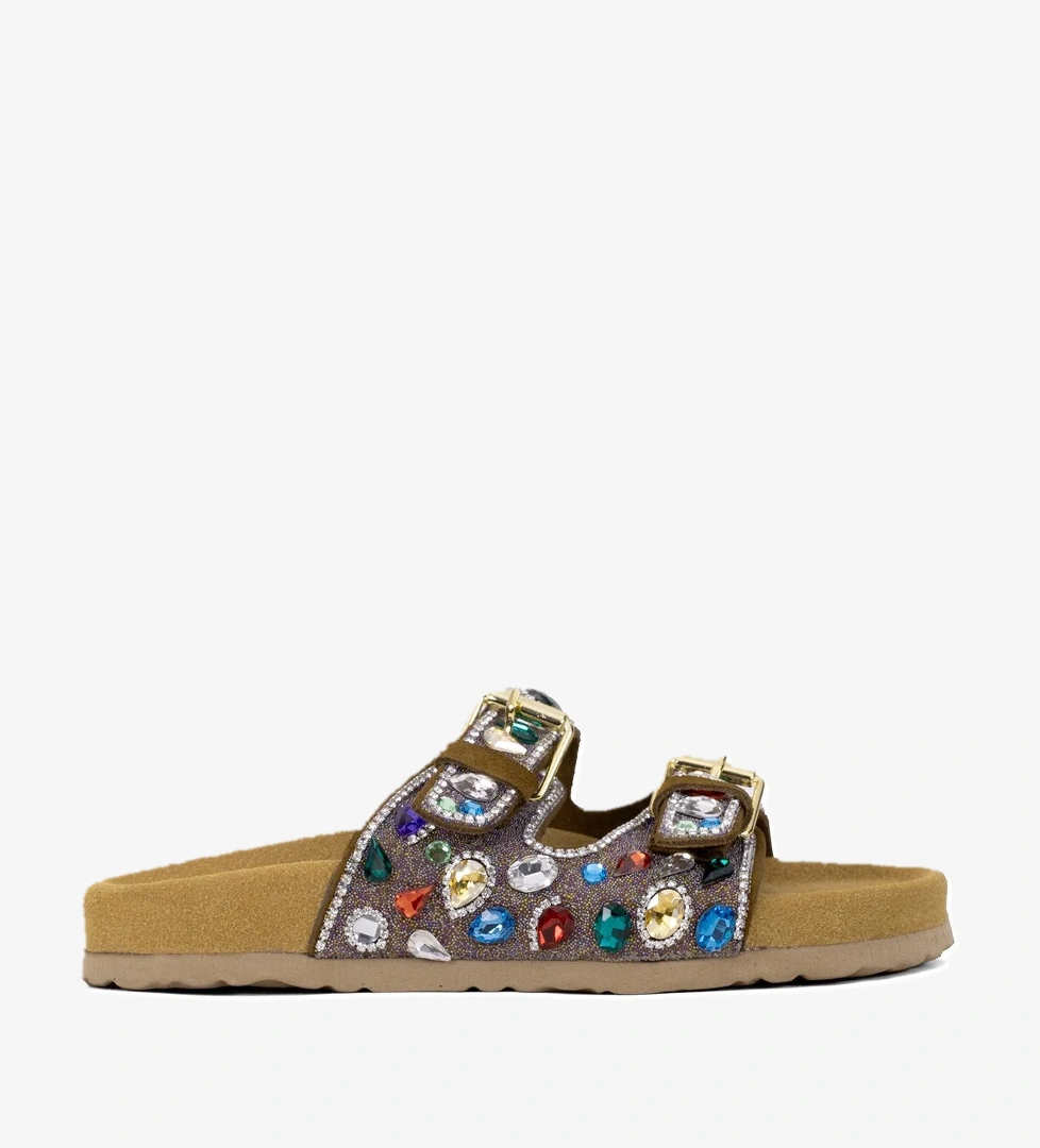 Elit Myra Kadın Hakiki Nubuk Deri Ortopedik Taşlı Düz Terlik Taba