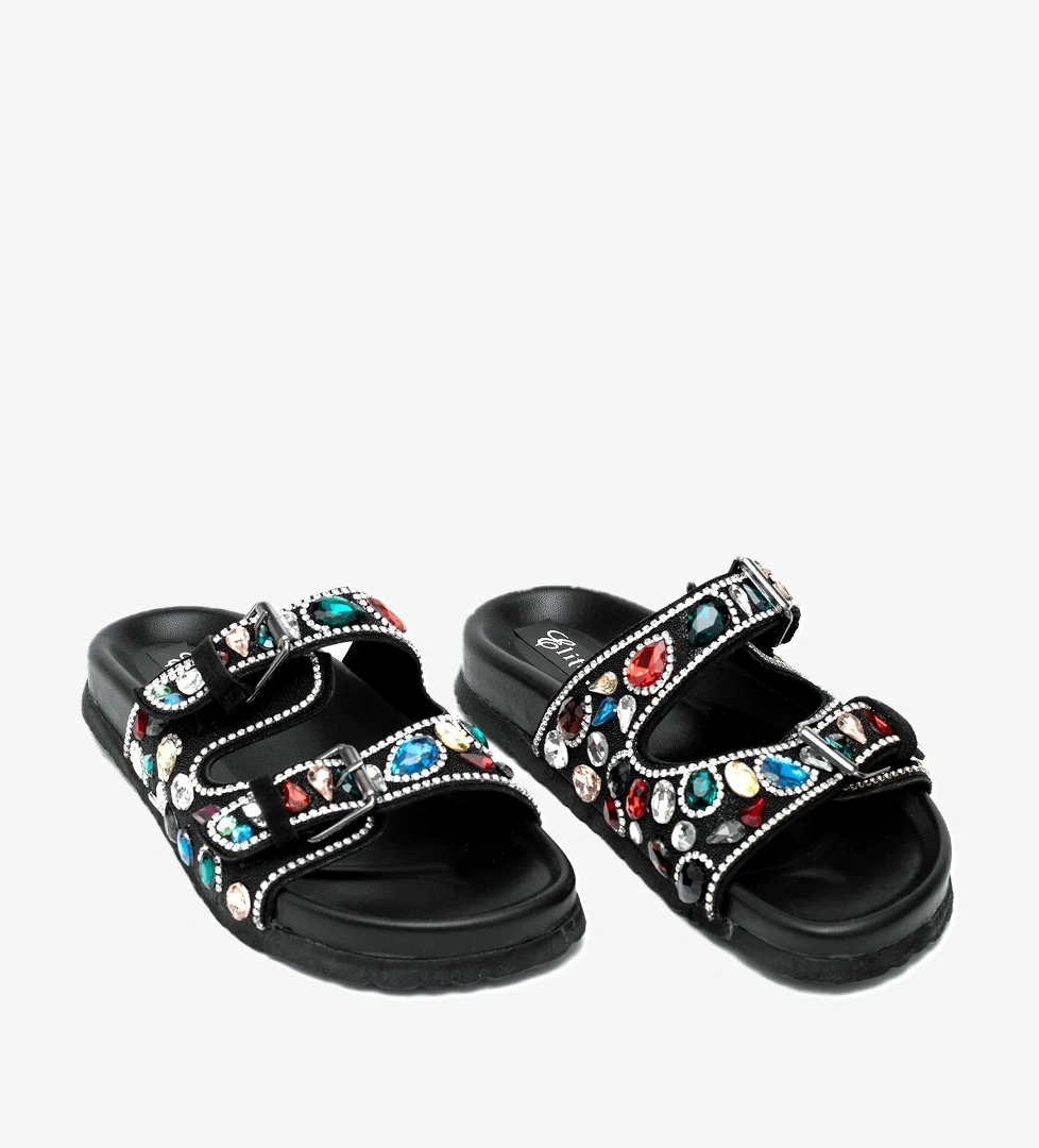 Ayakkabı Fuarı Elit Myra Kadın Hakiki Nubuk Deri Ortopedik Taşlı Düz Terlik Siyah Taba model görseli