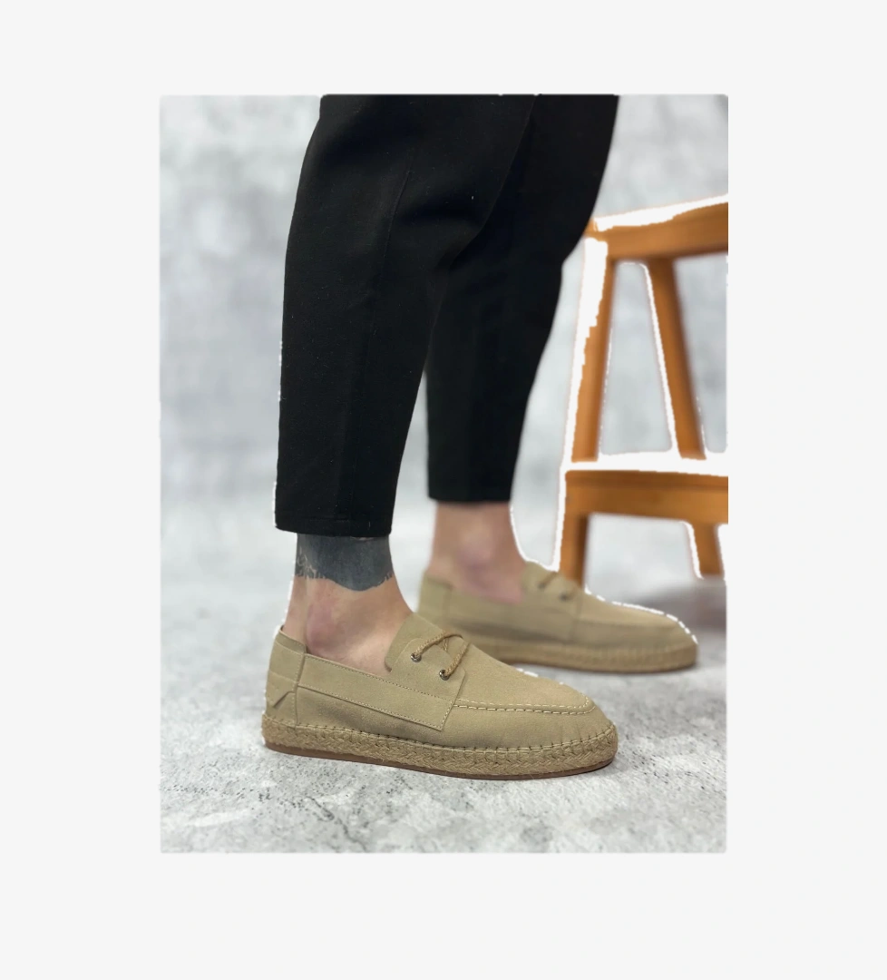 Pabucmarketi Bağcık Detaylı Doğal Deri Tozu Kauçuk El Yapımı Espadril Erkek Ayakkabı BEJ model görseli