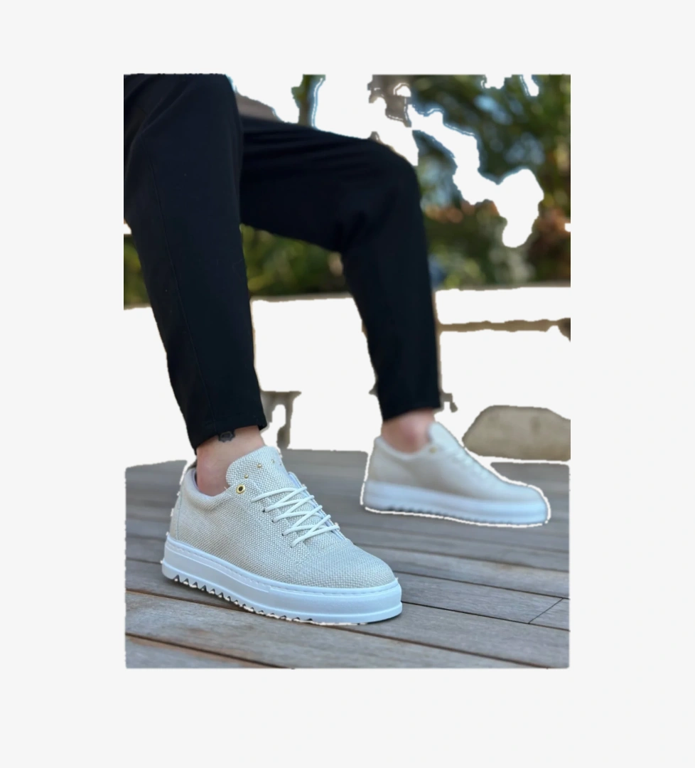 Pabucmarketi Bağcıklı Keten Erkek Ayakkabı KREM (BEYAZ TABAN) model görseli