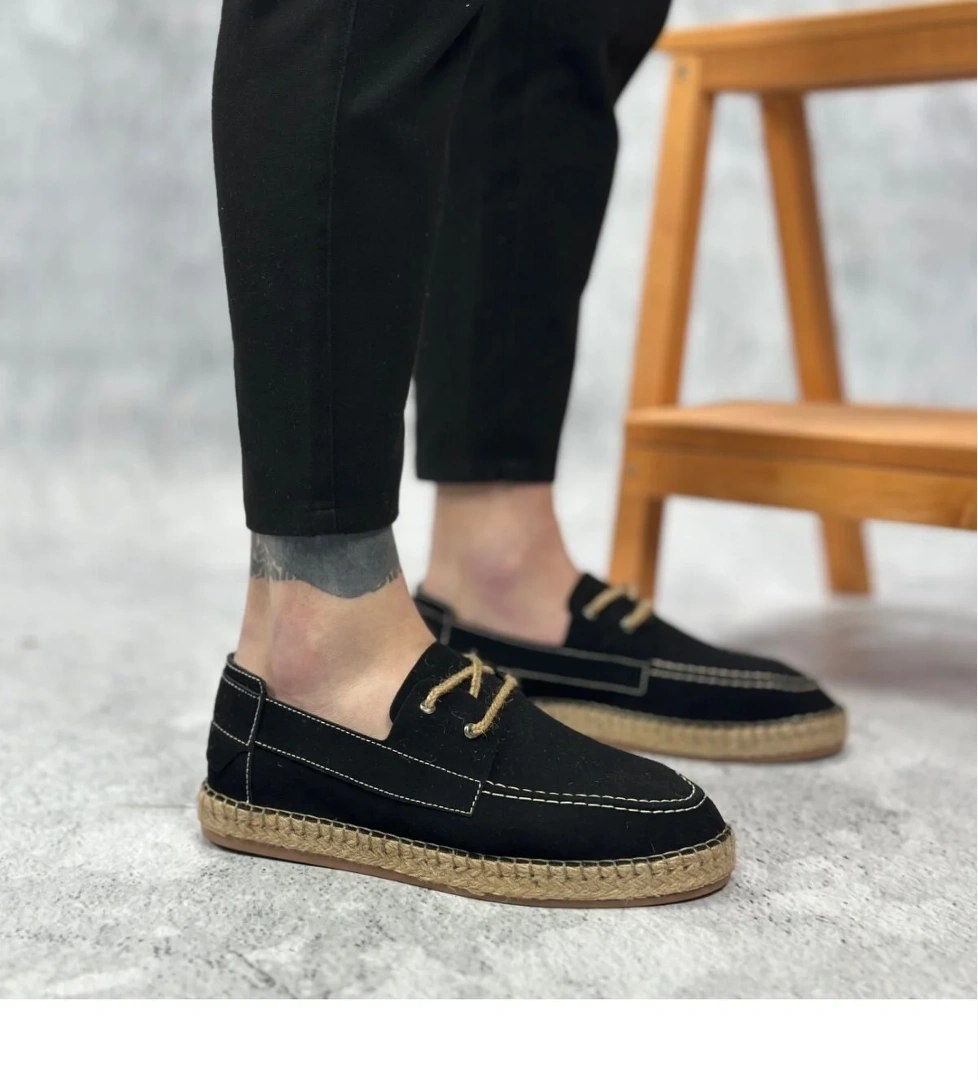 Pabucmarketi Bağcık Detaylı Doğal Deri Tozu Kauçuk El Yapımı Espadril Erkek Ayakkabı SİYAH model görseli