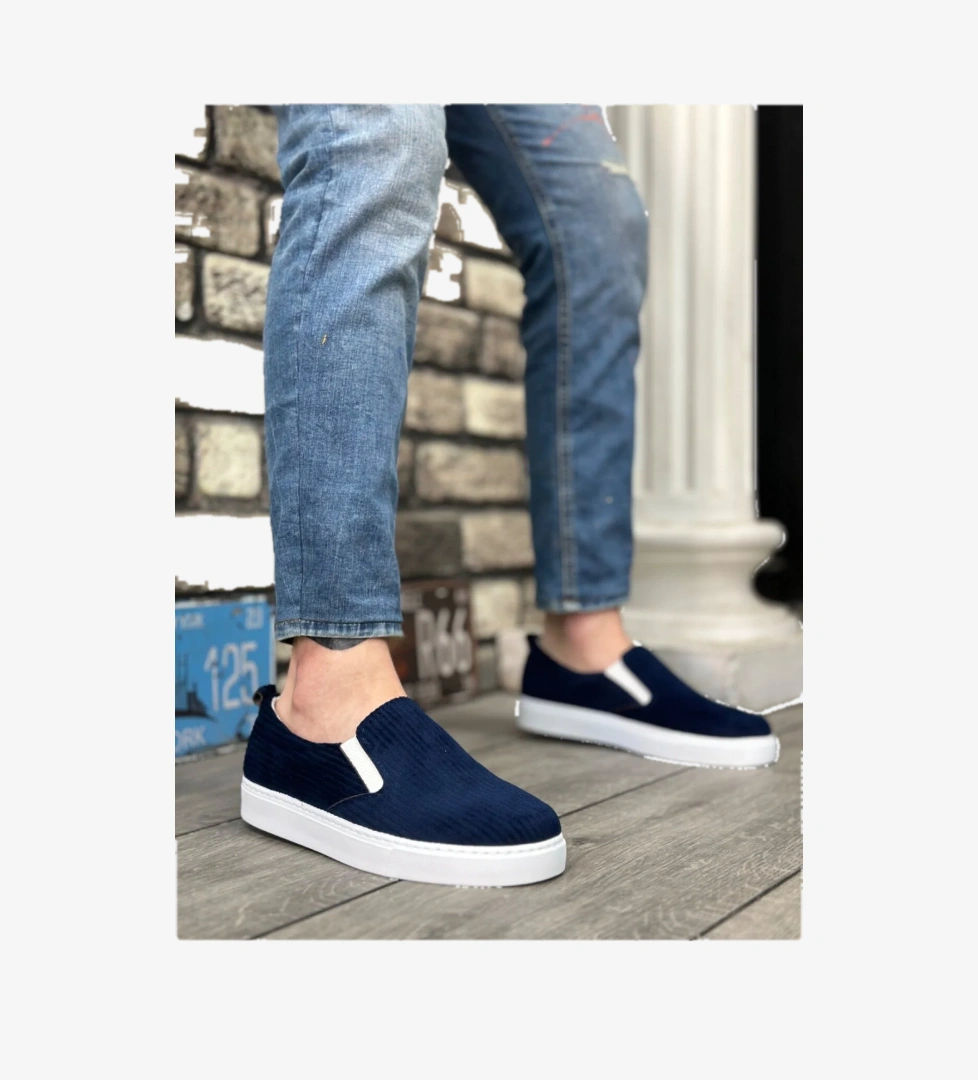 Bağcıksız Kadife Erkek Günlük Ayakkabı LACİVERT (BEYAZ TABAN) - Görsel 1