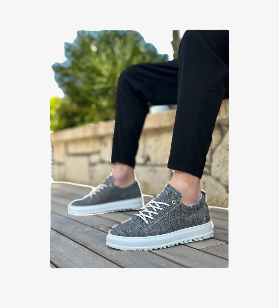 Pabucmarketi Bağcıklı Keten Erkek Ayakkabı GRİ (BEYAZ TABAN) model görseli