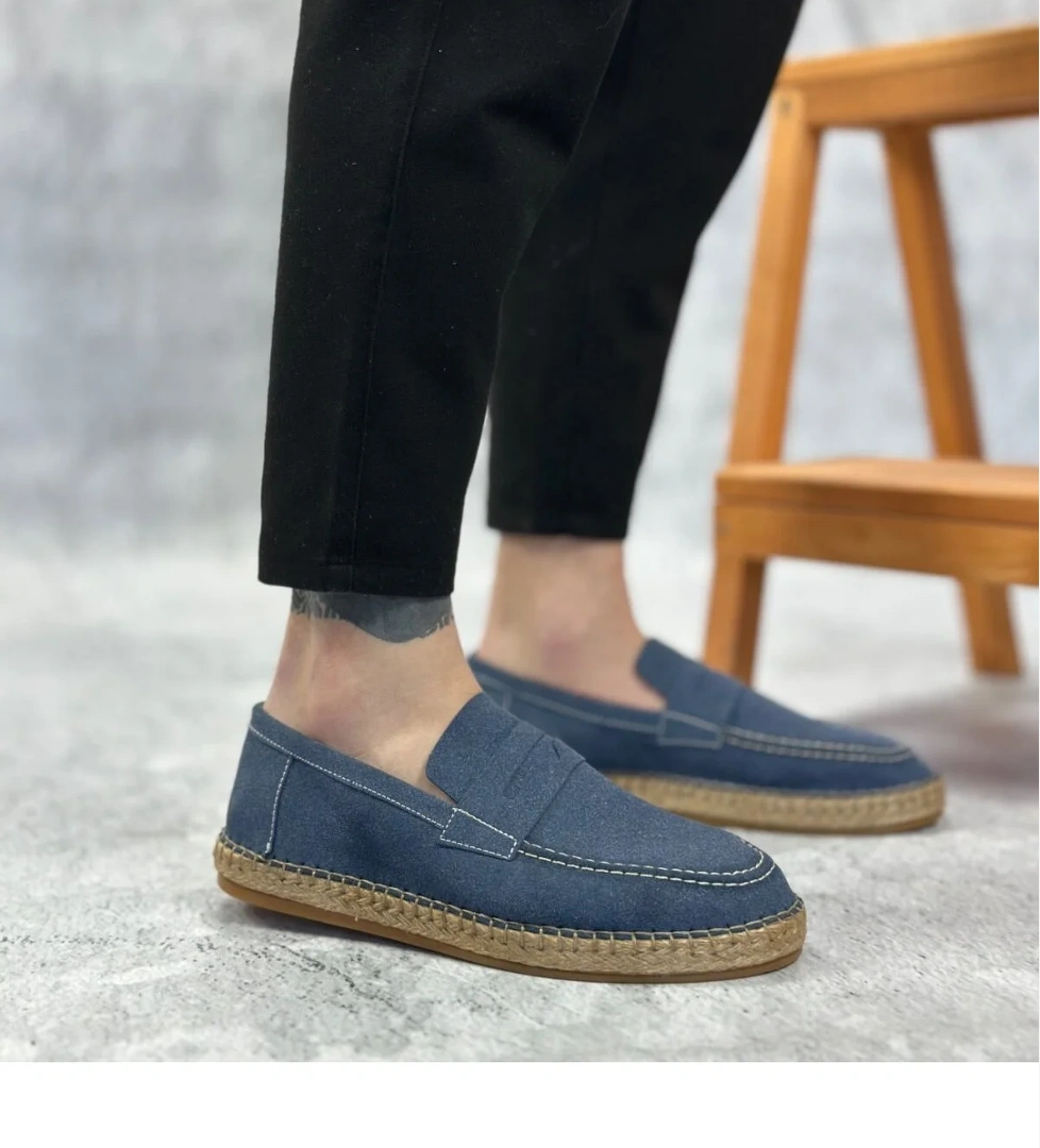 Pabucmarketi Bağcıksız Doğal Deri Tozu Kauçuk El Yapımı Espadril Erkek Ayakkabı MAVİ model görseli