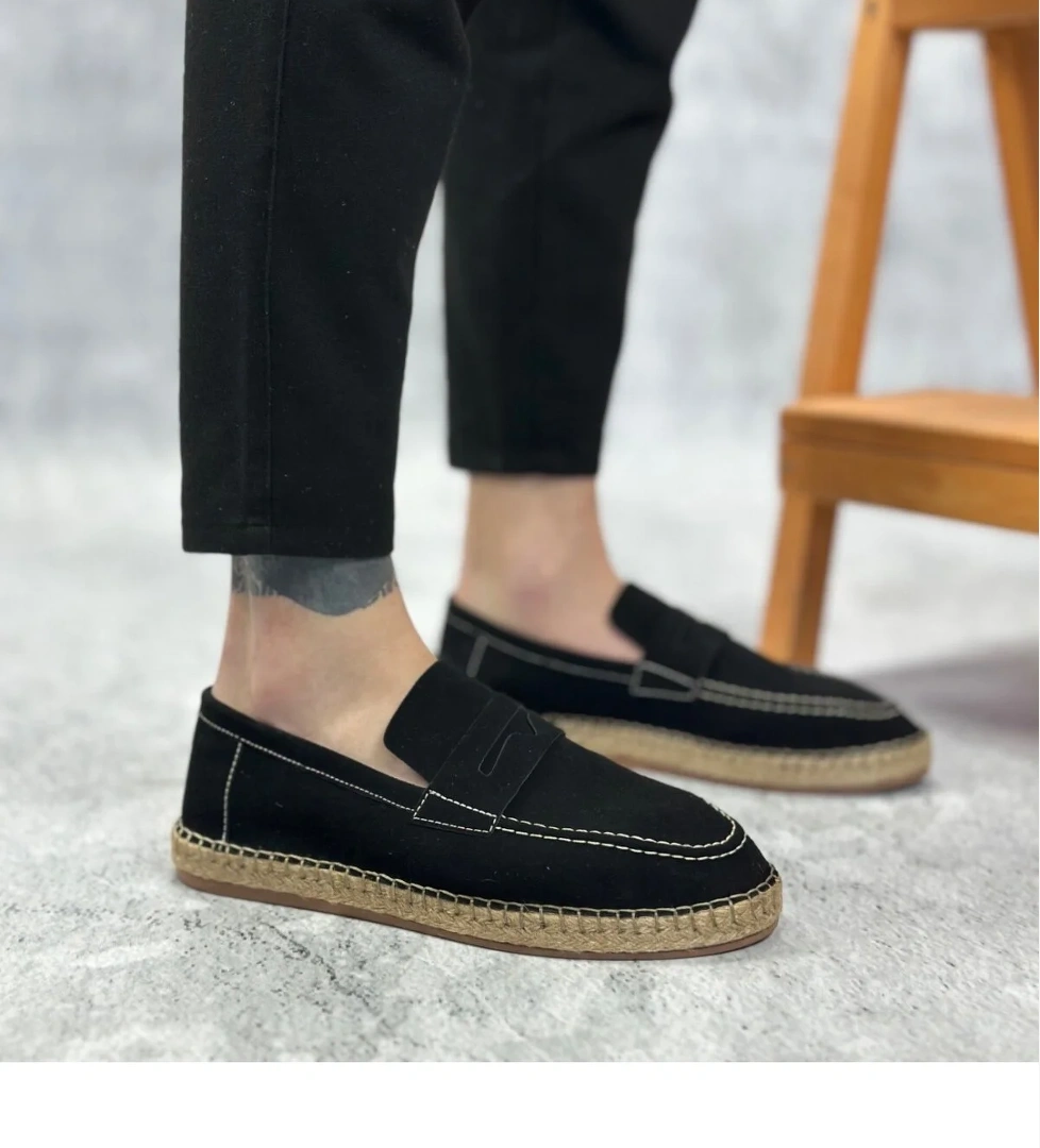 Pabucmarketi Bağcıksız Doğal Deri Tozu Kauçuk El Yapımı Espadril Erkek Ayakkabı SİYAH model görseli