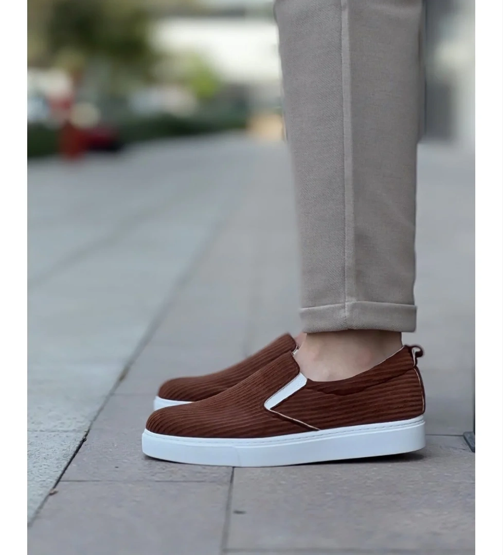 Bağcıksız Kadife Erkek Günlük Ayakkabı KAHVE (BEYAZ TABAN) - Görsel 1