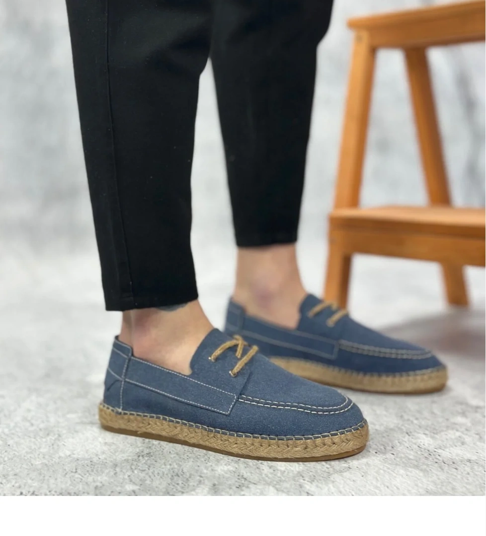 Pabucmarketi Bağcık Detaylı Doğal Deri Tozu Kauçuk El Yapımı Espadril Erkek Ayakkabı MAVİ model görseli