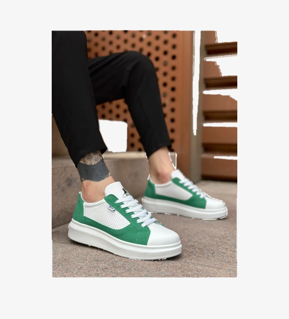 Pabucmarketi Bağcıklı Yüksek Taban Erkek Spor Ayakkabı BEYAZ YEŞİL (BEYAZ TABAN) model görseli