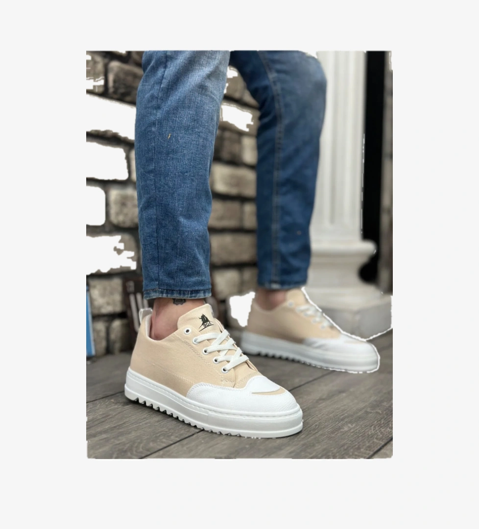 Bağcıklı Erkek Spor Ayakkabı KREM (BEYAZ TABAN) - Görsel 1