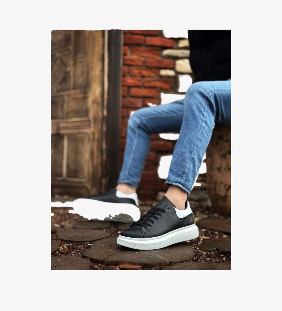 Bağcıklı Erkek Spor Ayakkabı SİYAH BEYAZ (BEYAZ TABAN) - Görsel 1