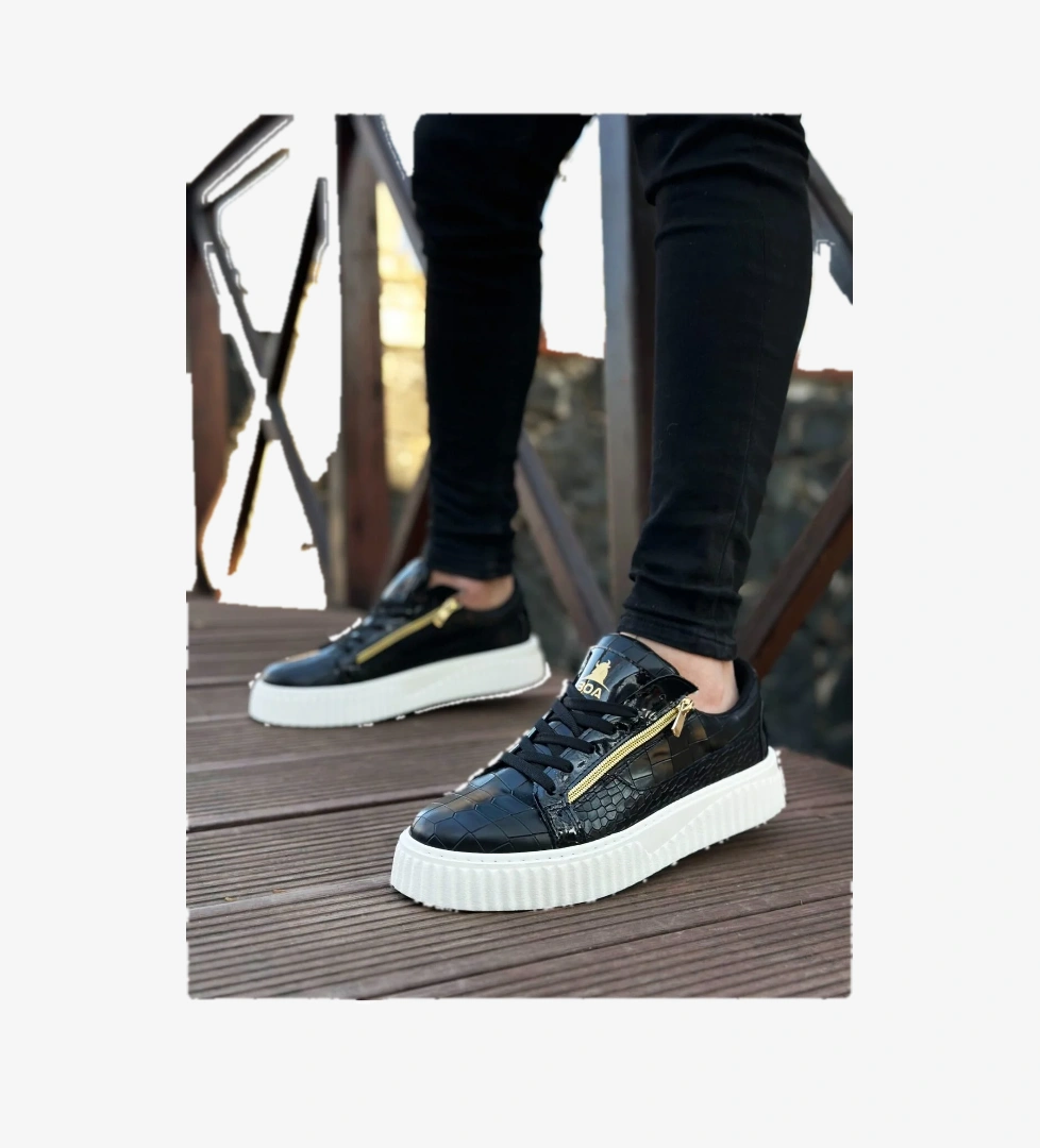 Pabucmarketi Bağcıklı Çift Fermuarlı Erkek Ayakkabı SİYAH (BEYAZ TABAN) model görseli