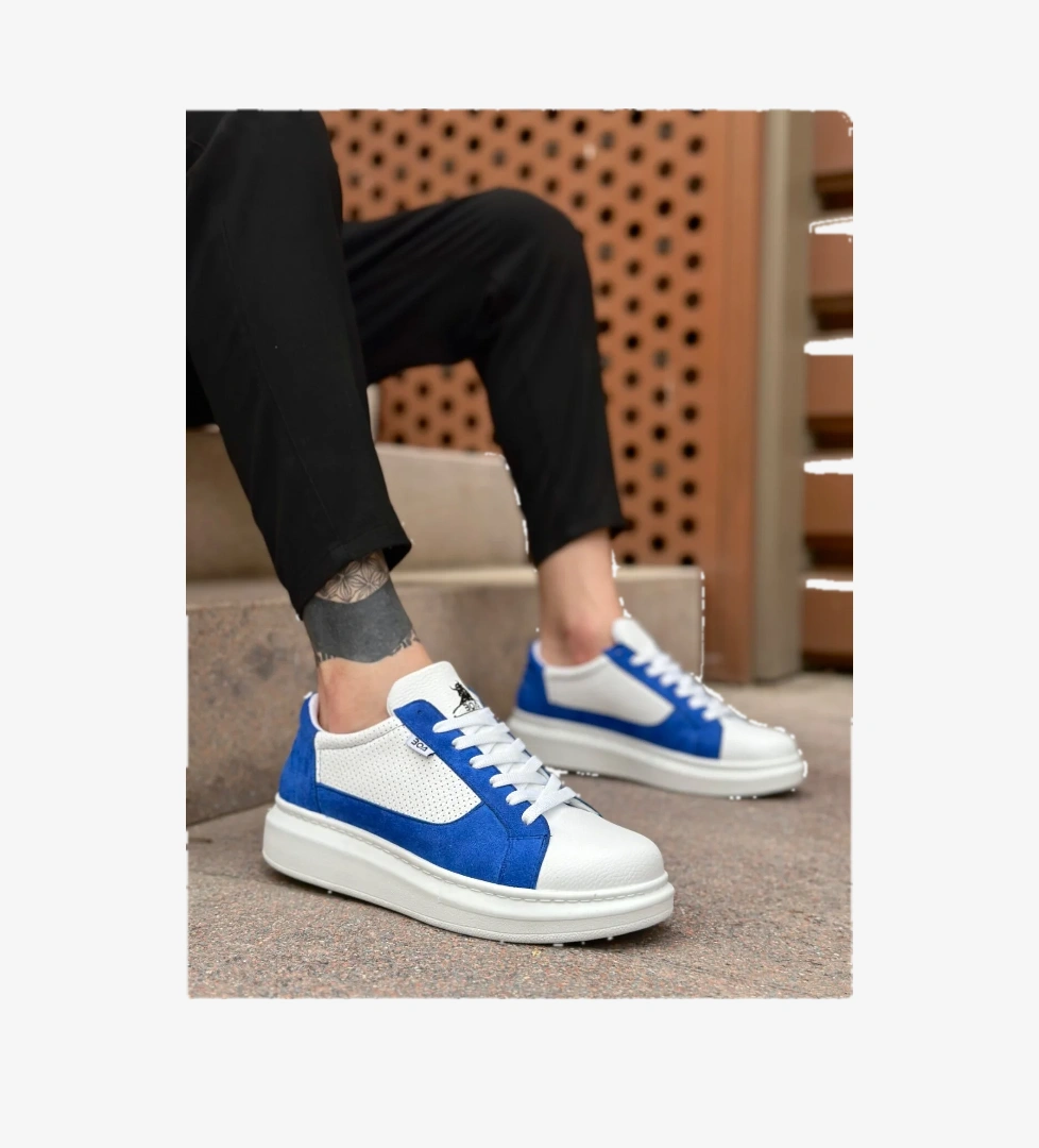 Bağcıklı Yüksek Taban Erkek Spor Ayakkabı BEYAZ MAVİ (BEYAZ TABAN) - Görsel 1