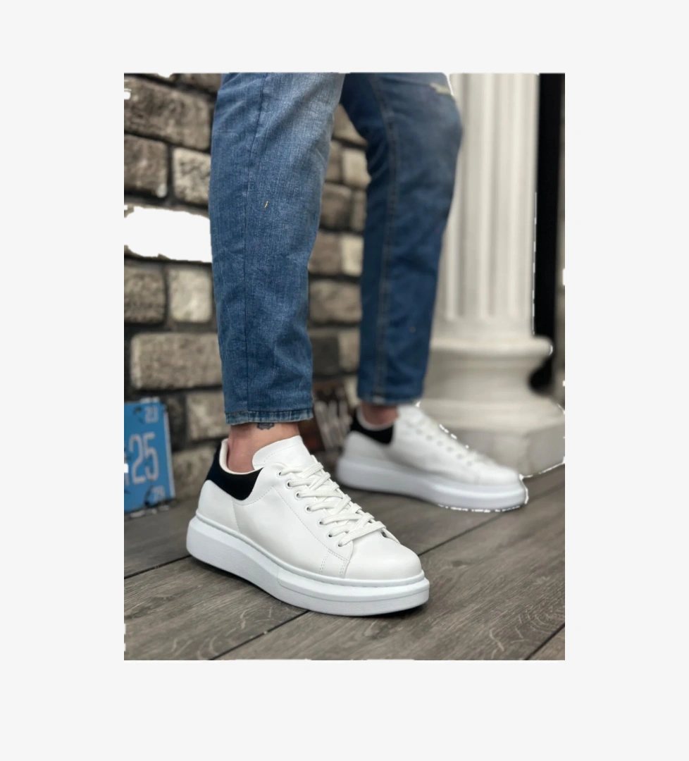 Pabucmarketi Bağcıklı Erkek Spor Ayakkabı BEYAZ SİYAH (BEYAZ TABAN) model görseli