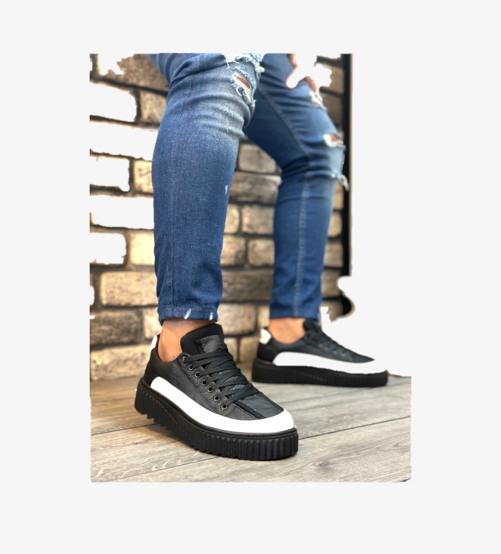 Pabucmarketi Bağcıklı Paraşüt Kumaş Erkek Spor Ayakkabı SİYAH BEYAZ (SİYAH TABAN) model görseli