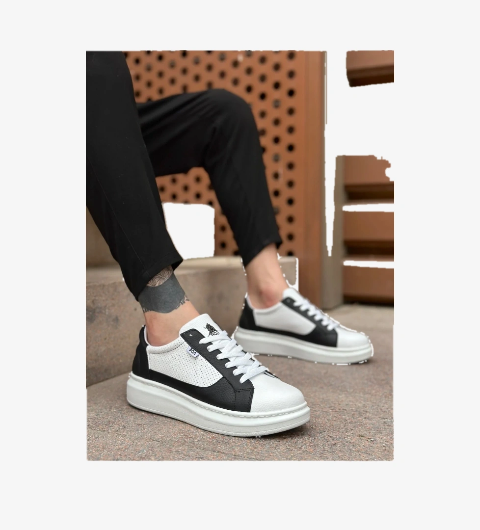 Bağcıklı Yüksek Taban Erkek Spor Ayakkabı BEYAZ SİYAH (BEYAZ TABAN) - Görsel 1